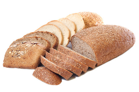全黑麦面包白长的面包本孤立的包和全黑麦片背景