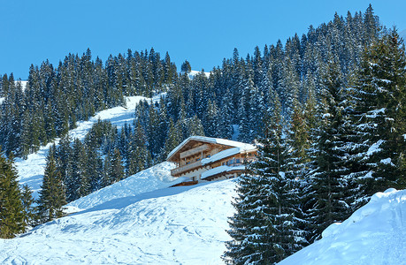 冬季雾山地貌和丘上的木屋奥地利图片