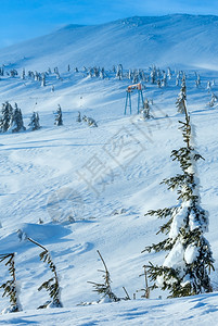 冬天早上斜坡雪地的树和滑电梯图片