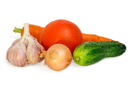 蔬菜成分胡萝卜黄瓜大蒜洋葱番茄在白色上隔离图片