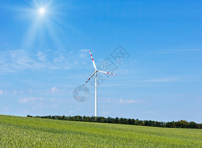 蓝日光天空背景的风力涡轮机图片