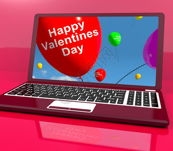 情人节快乐笔记本电脑展示爱的气球背景图片