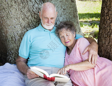 美丽的老年情侣在户外阅读图片