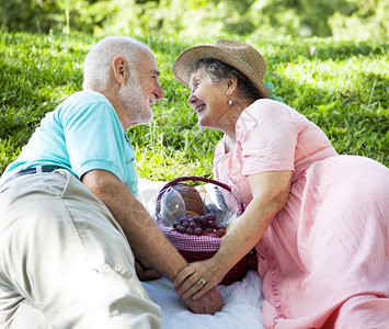 老年情侣在草地野餐背景图片