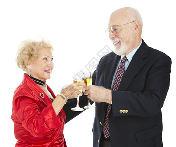 美丽的老夫妇用香槟敬酒白的孤立无援爱高清图片素材