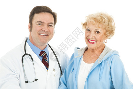 和友善的有爱心医生在一起高级美女孤立的白种人背景图片