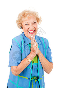 热情的老年女人通过电话得到好消息在她的双手上免费获得消息在白色上孤立无援电子的高清图片素材