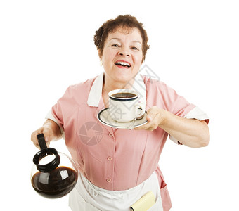 女服务员吸入新鲜咖啡的美味芳香孤立无援图片