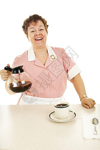 友善的女服务员在喝咖啡时会笑和聊天孤立在白色上图片