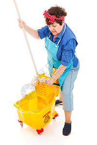 清洁女工在业桶里用拖把全身都是白色的高清图片