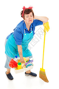 一个精疲力尽工作过重的清洁女工幽默形象全身都是白的高清图片