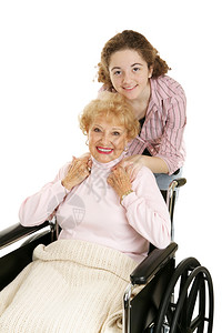 年轻女孩和残疾祖母一起孤立在白色上青少年高清图片素材