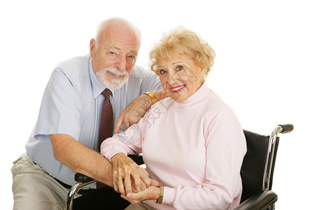 有吸引力的老年夫妇妻子坐在轮椅上白着被孤立残疾高清图片素材