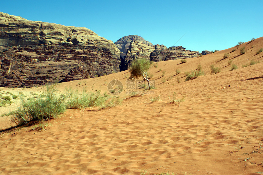 约旦瓦迪伦姆沙漠的山脉和巴汉图片
