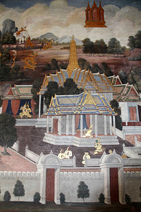 墙柱和寺庙屋顶上的Ramakien照片图片