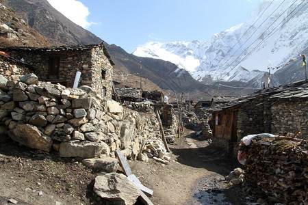 尼泊尔Samdo街上的石屋背景图片