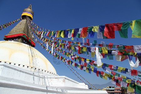 尼泊尔加德满都的StupaBodnath和彩旗背景图片