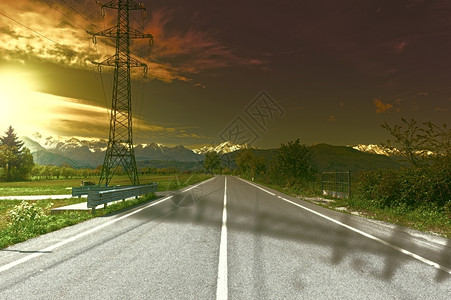 蒸汽波风格雪山高压电力线在山前雪山的背景下夕阳下的阿尔卑斯山复古风格的色调图片背景