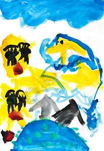 儿童绘画蓝色行星下的两个黄色太阳图片