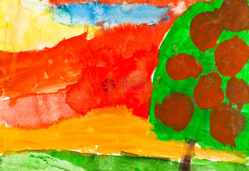 儿童绘画红秋日落和水果成熟的苹树图片