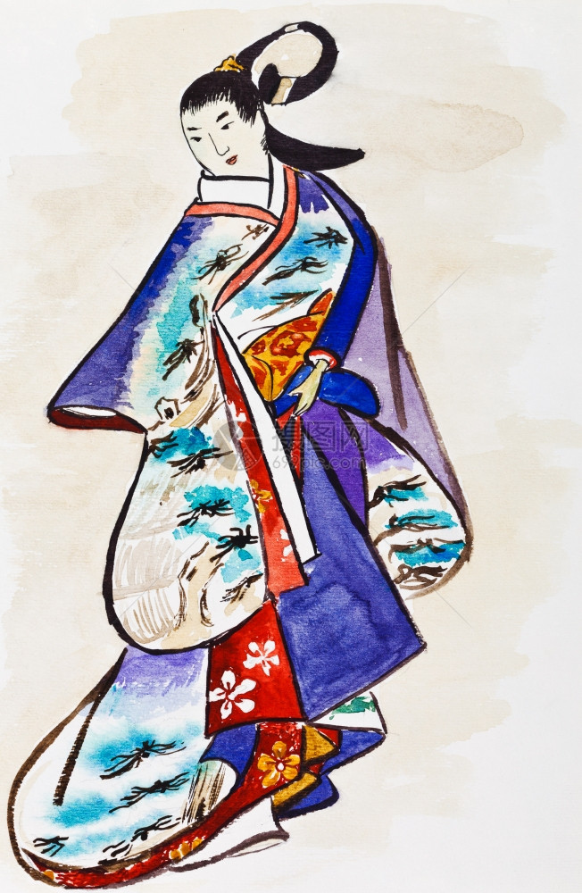 历史服装14世纪KaigetsudoAndoAndoYasunori印刷的传统服装日本年轻女子图片
