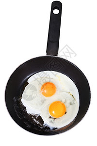 白色背景在平底锅上煎两个鸡蛋图片