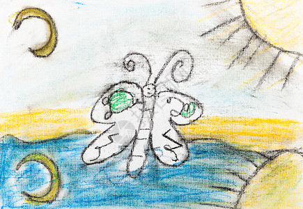 儿童绘画日月之间在河边的蝴蝶图片
