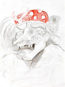 儿童画肖像戴红帽子的老女人图片