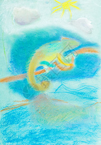 儿童绘画树枝和蓝天空上的多色变素图片