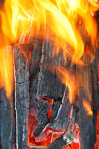 燃烧着的木柴上的炽热火焰特写图片