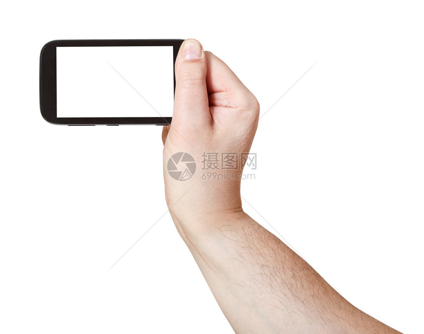 男手握智能机在白色背景隔离的屏幕上切除图片