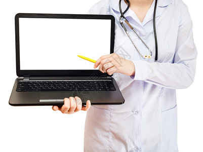 计算机笔记本电脑上的护士点数白背景隔离空屏幕图片