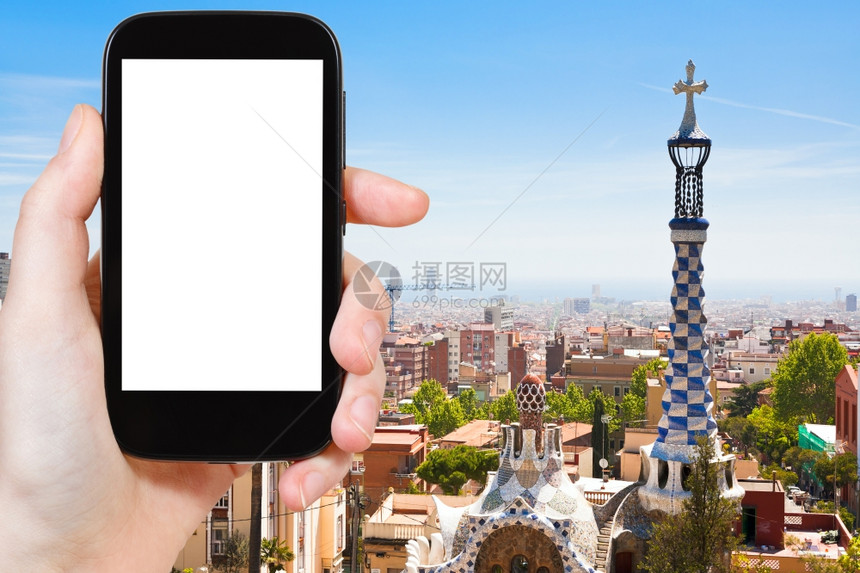 旅行概念西班牙巴塞罗那市旅游照片天线西班牙巴塞罗那市智能手机用空白广告标志位置的屏幕截断图片