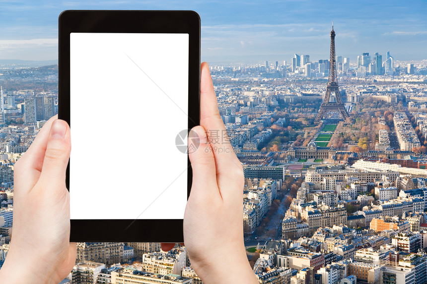 旅行概念与EiffelTower下午在平板电脑上与EiffelTower的巴黎城市风景旅游照片带有广告标志空白位置的剪切屏幕图片
