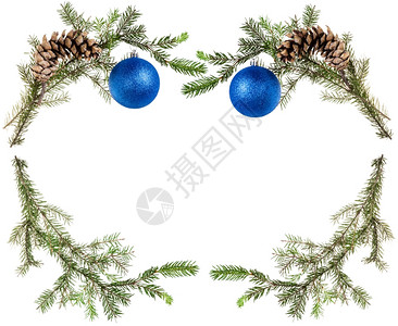圣诞节贺卡框绿色树枝白底带锥和蓝球图片
