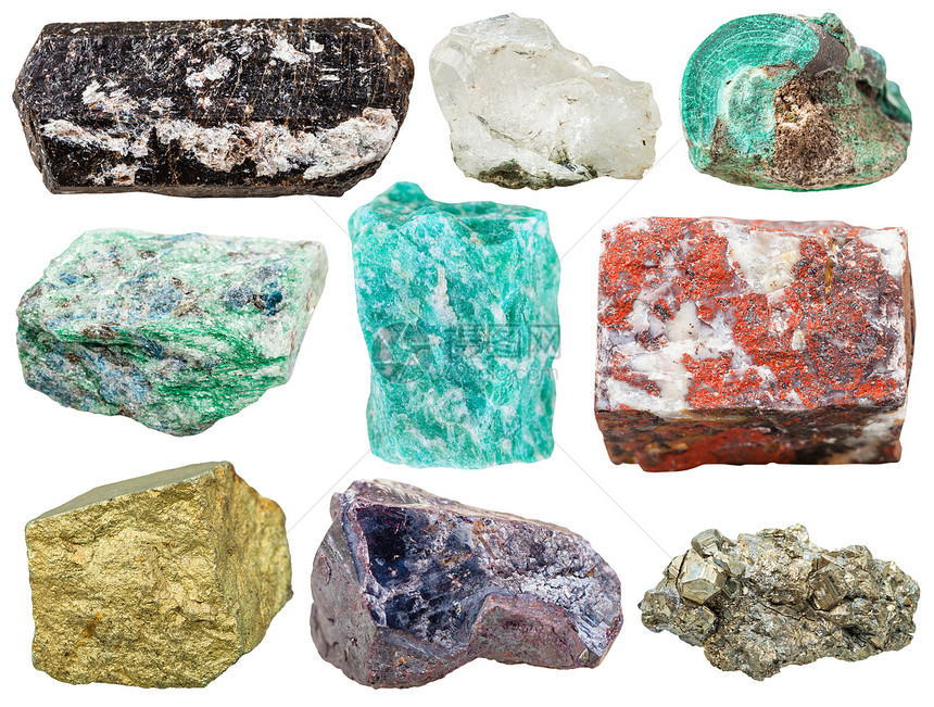 各种矿物岩石和头托马林德拉维特岩石晶马拉奇特富锡石亚马松麻鼠焦耳夏普丘特白底孤立的金宝石图片