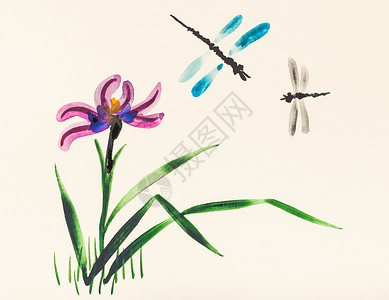 夏季在草原上用象牙彩纸水色涂料在花朵上用象牙彩纸画成的两只小龙蝇图片