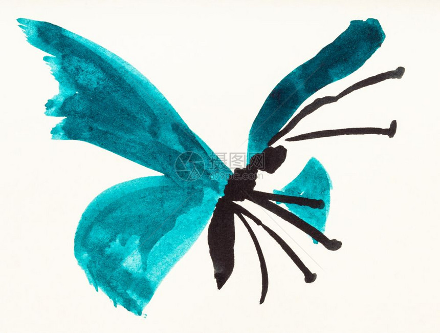 以水彩漆用奶油纸涂上蓝绿翅膀的蝴蝶图片