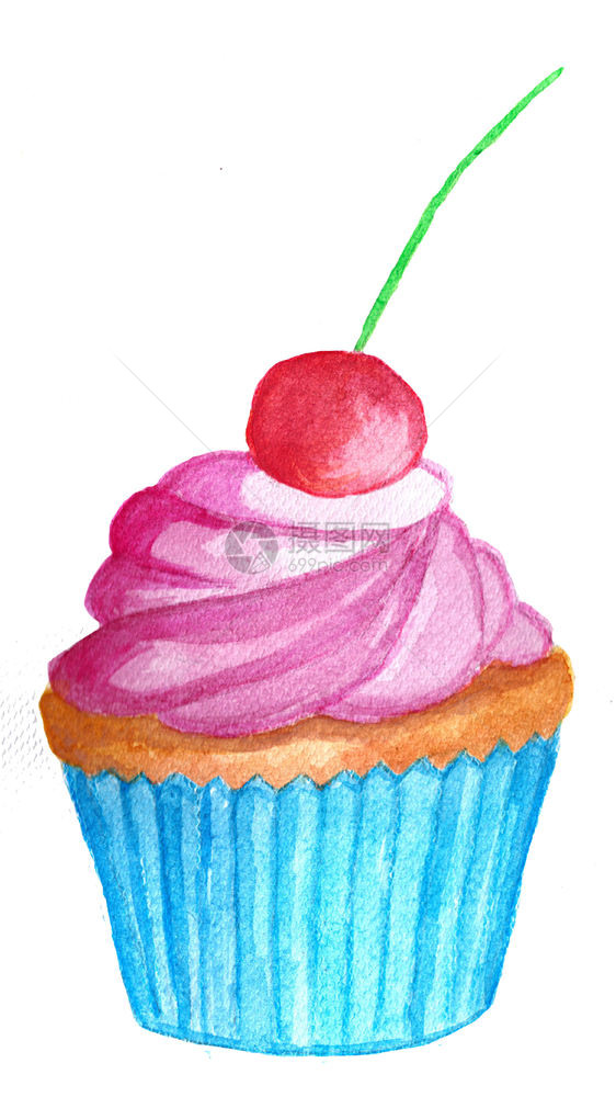 手画水彩紫蛋糕和樱桃图片