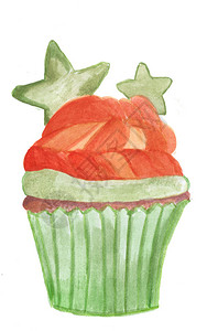 手画水彩橙色蛋糕烤纸上有绿星背景图片