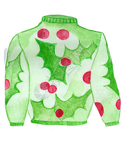 手画水彩色难看的圣诞毛衣带浆果的霍利背景图片