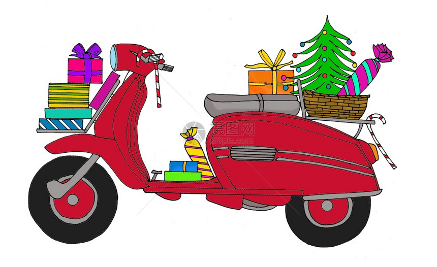 手提行李架上带圣诞礼物的手牵摩托车图片