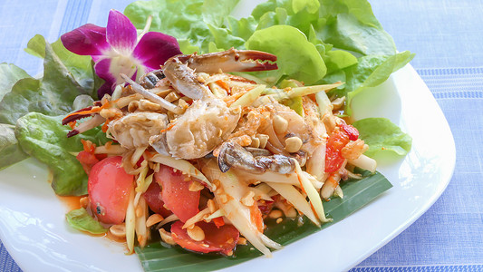 传统泰国菜香辣青木瓜沙拉配螃蟹麻辣青木瓜沙拉背景
