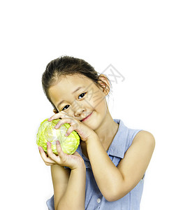 白色背景的新鲜卷心菜白色背景的亚洲小女孩图片