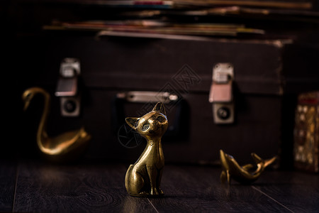 小画家哈咪猫古老的猫海豚和棕色背景的天鹅黄铜雕像背景