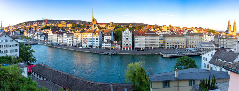 瑞士苏黎士日落时分全城鸟瞰景河高清图片素材