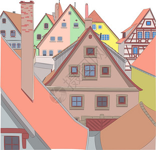 城市顶古老房屋外表和顶插画