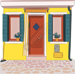 蒂拉诺传统的多色房屋外墙有门窗和百叶插画