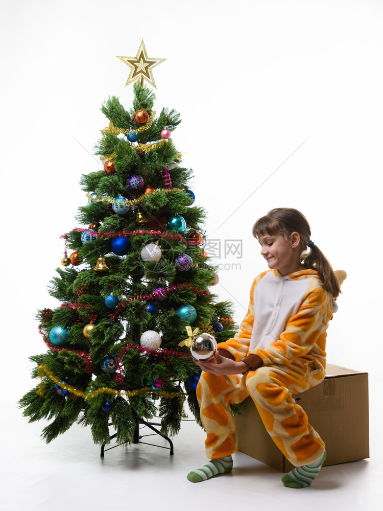 少女坐在圣诞树的盒子上检查圣诞树图片