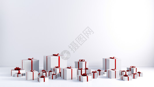 红丝带白色礼品盒复制白色墙上的空间图片